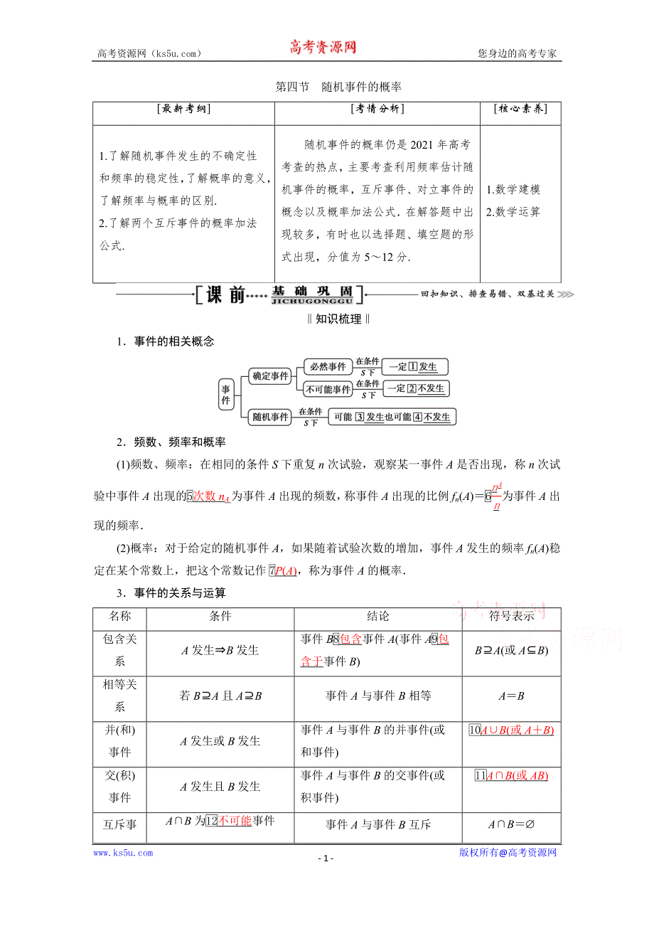 2021届高三数学（理）一轮复习学案：第十一章 第四节　随机事件的概率 WORD版含解析.doc_第1页