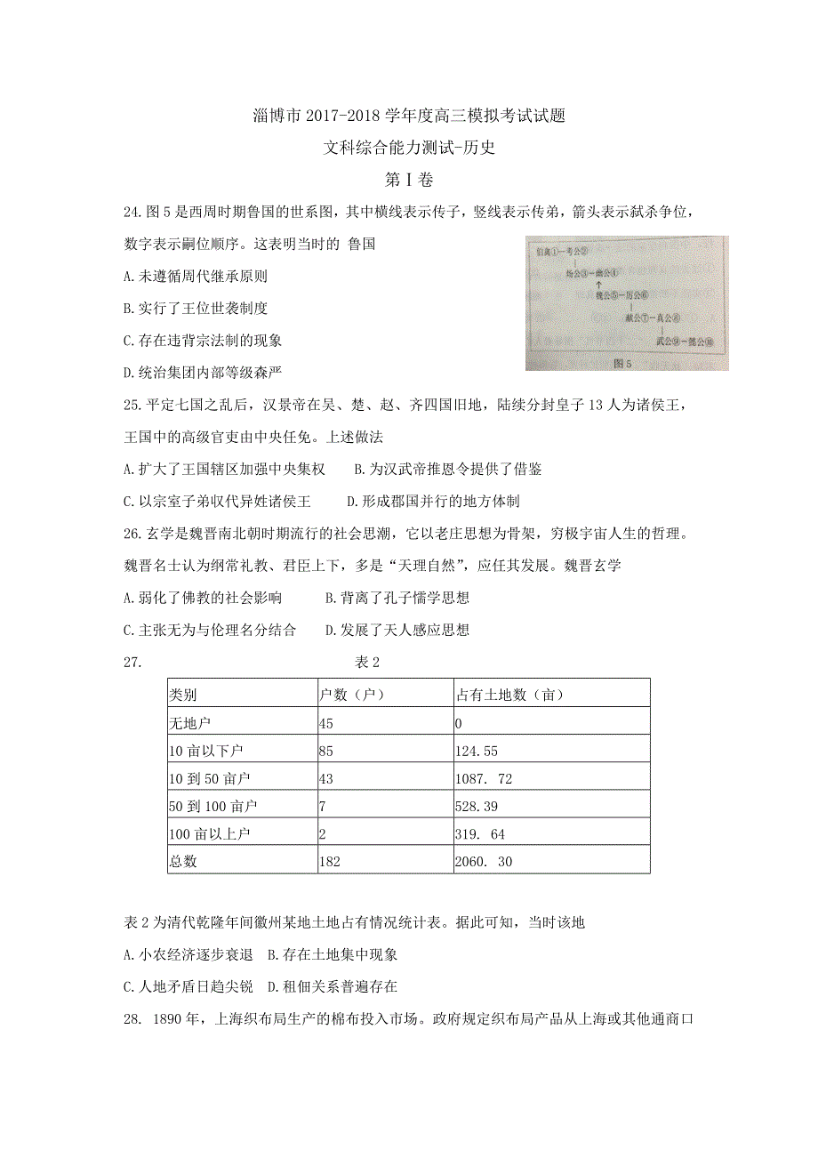 《发布》山东省淄博市2018届高三下学期一模考试（3月）历史试题 WORD版含答案.doc_第1页