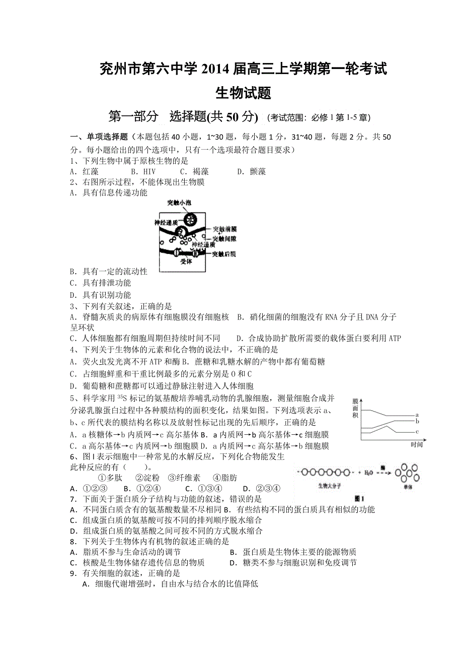 山东省兖州市第六中学2014届高三上学期第一轮考试生物试题 WORD版含答案.doc_第1页