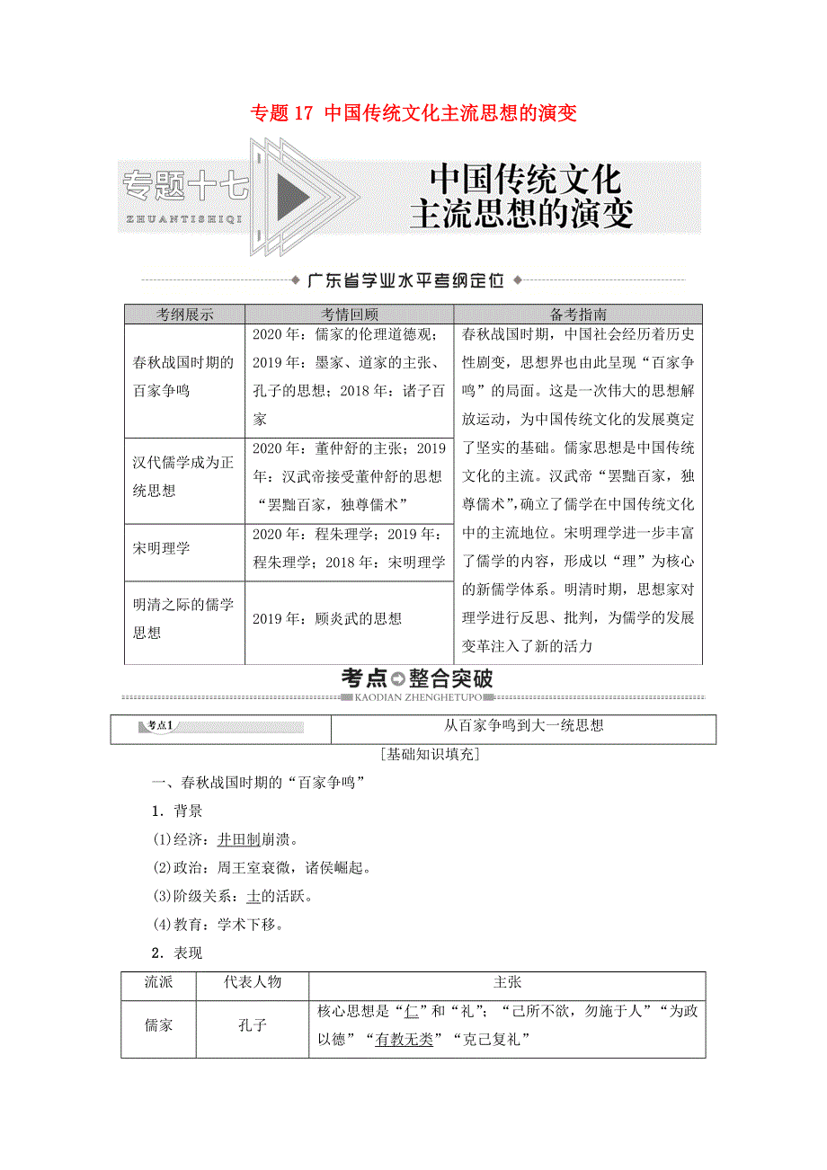 广东省2021高考历史学业水平合格考试总复习 专题17 中国传统文化主流思想的演变教师用书（含解析）.doc_第1页