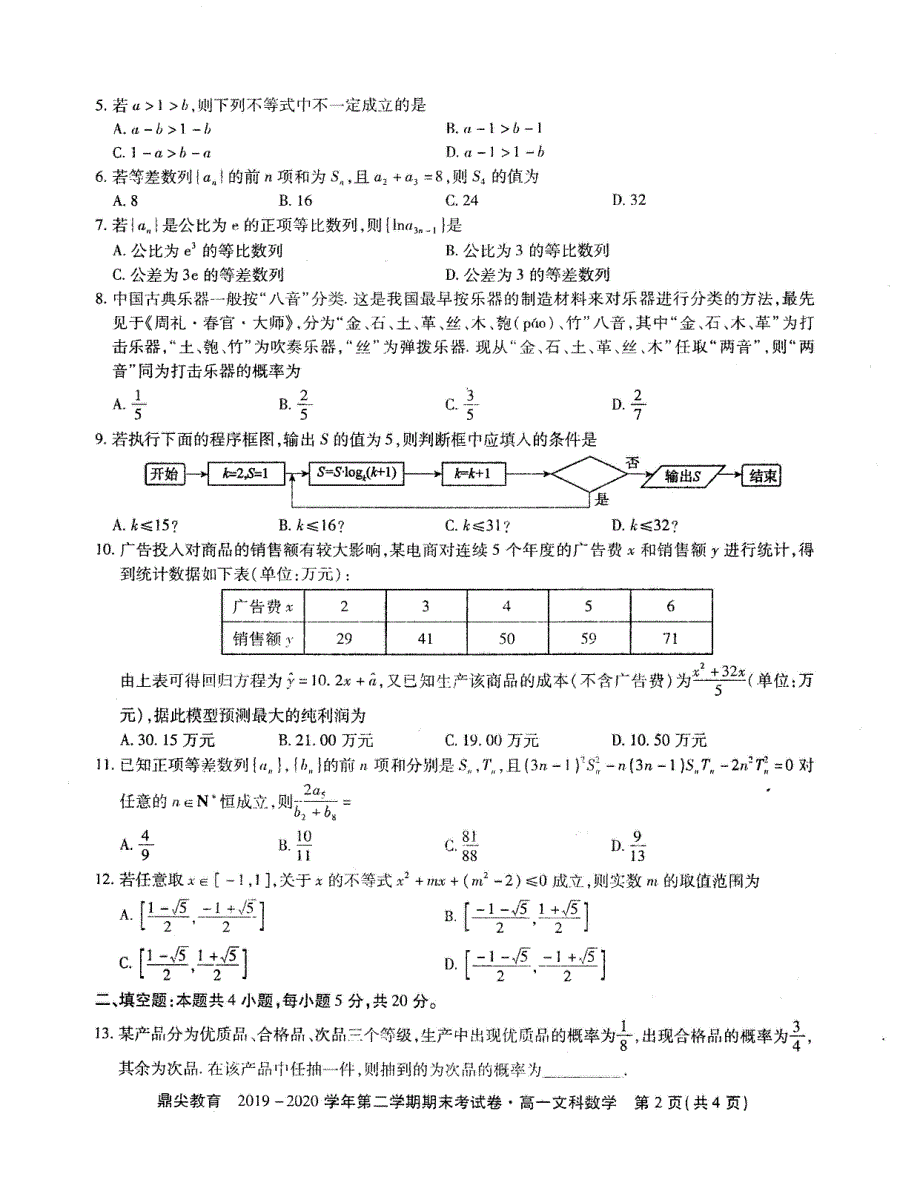 安徽省池州市（鼎尖教育）2019-2020学年高一下学期期末质量检测文科数学试题 扫描版缺答案.pdf_第2页