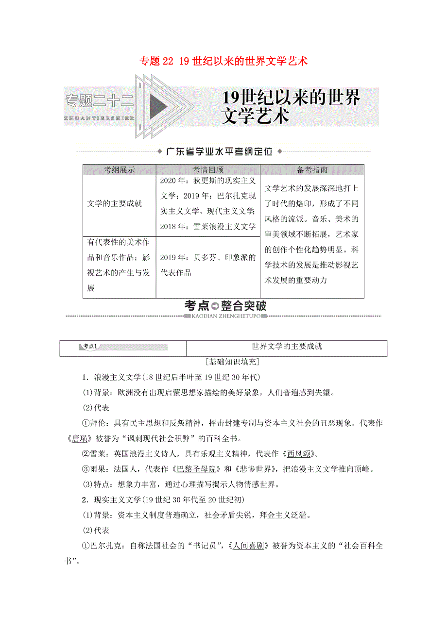 广东省2021高考历史学业水平合格考试总复习 专题22 19世纪以来的世界文学艺术教师用书（含解析）.doc_第1页