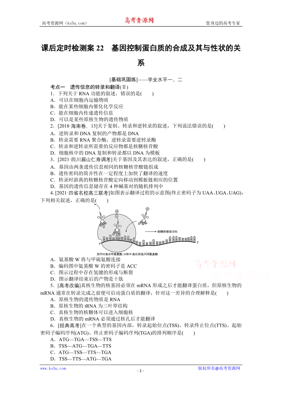 《新教材》2022届新高考生物一轮复习课后检测：22 基因控制蛋白质的合成及其与性状的关系 WORD版含解析.docx_第1页