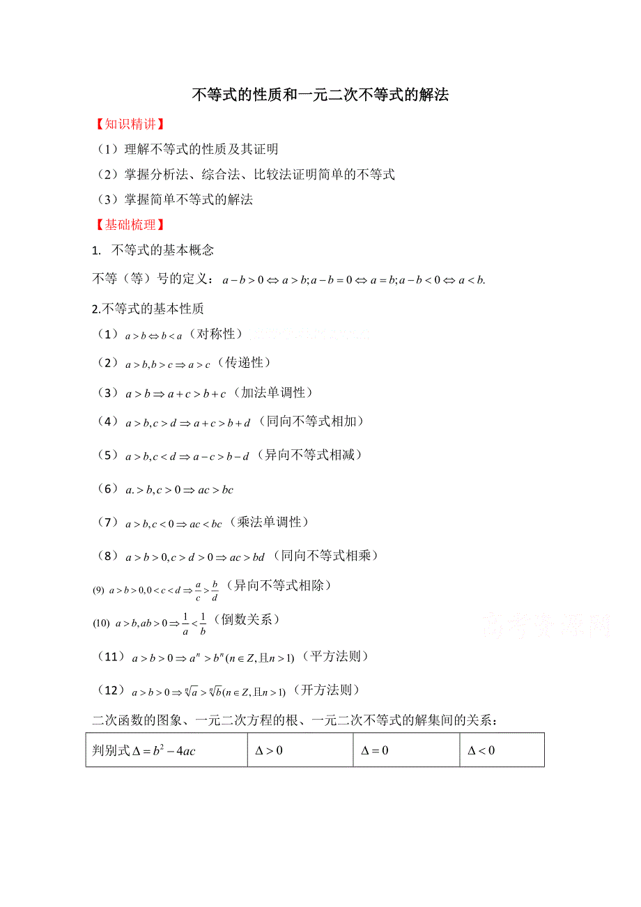 《优教通同步备课》高中数学（北师大版）必修五教案：3.2 知识梳理：不等式的性质和一元二次不等式的解法.doc_第1页