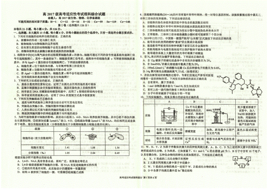 四川省成都树德中学2020届高三押题卷理综试题 扫描版含答案.pdf_第1页