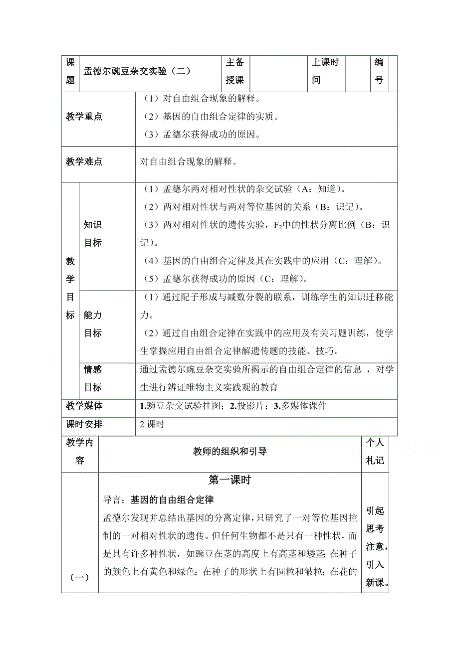 人教版生物必修二第1章　遗传因子的发现第2节《孟德尔的豌豆杂交实验（二）》参考教案.doc_第1页