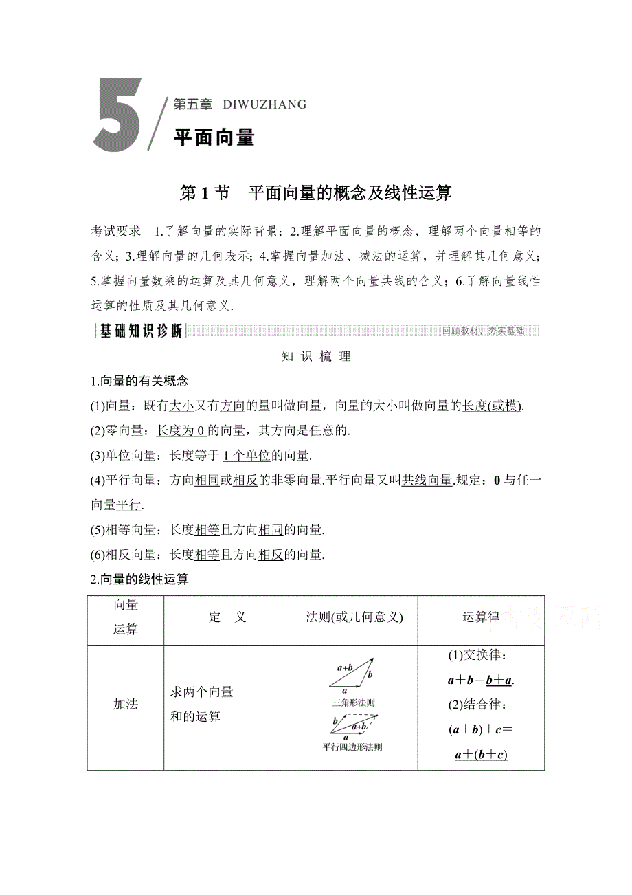 2021届高三新高考数学人教A版一轮复习教学案：第五章第1节　平面向量的概念及线性运算 WORD版含解析.doc_第1页