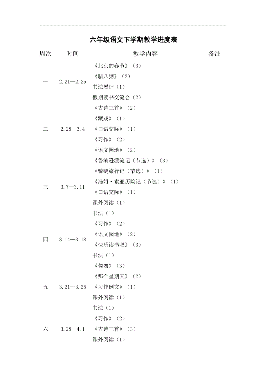 六年级语文下学期教学进度表.docx_第1页