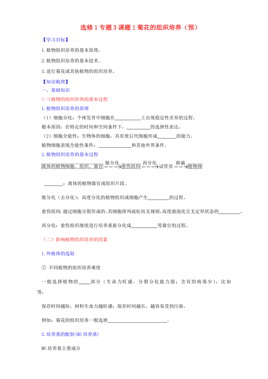 人教版生物选修1专题3课题1菊花的组织培养（预）WORD版无答案.doc_第1页