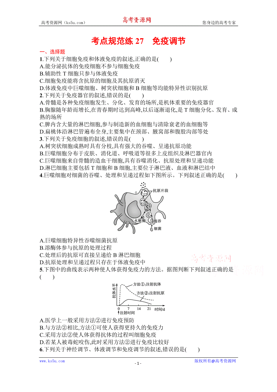 《新教材》2022届高三人教版生物一轮复习考点规范练27　免疫调节 WORD版含解析.docx_第1页