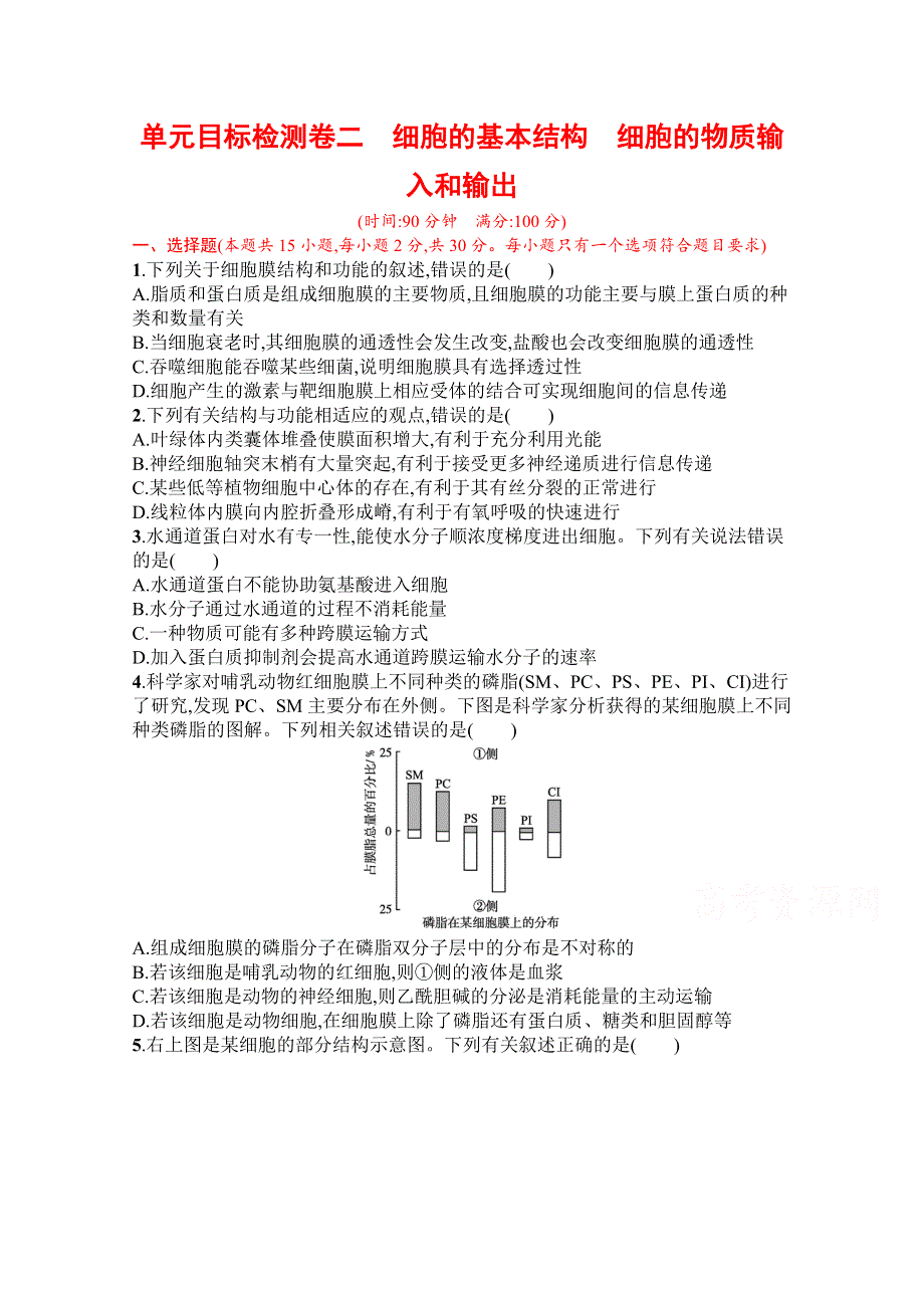 《新教材》2022届高三人教版生物一轮复习单元目标检测卷二　细胞的基本结构　细胞的物质输入和输出 WORD版含解析.docx_第1页