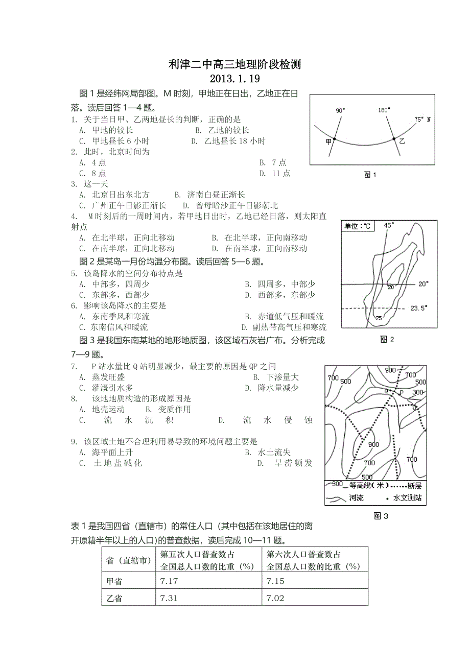 山东省利津二中2013届高三1月阶段检测地理试题 WORD版含答案.doc_第1页