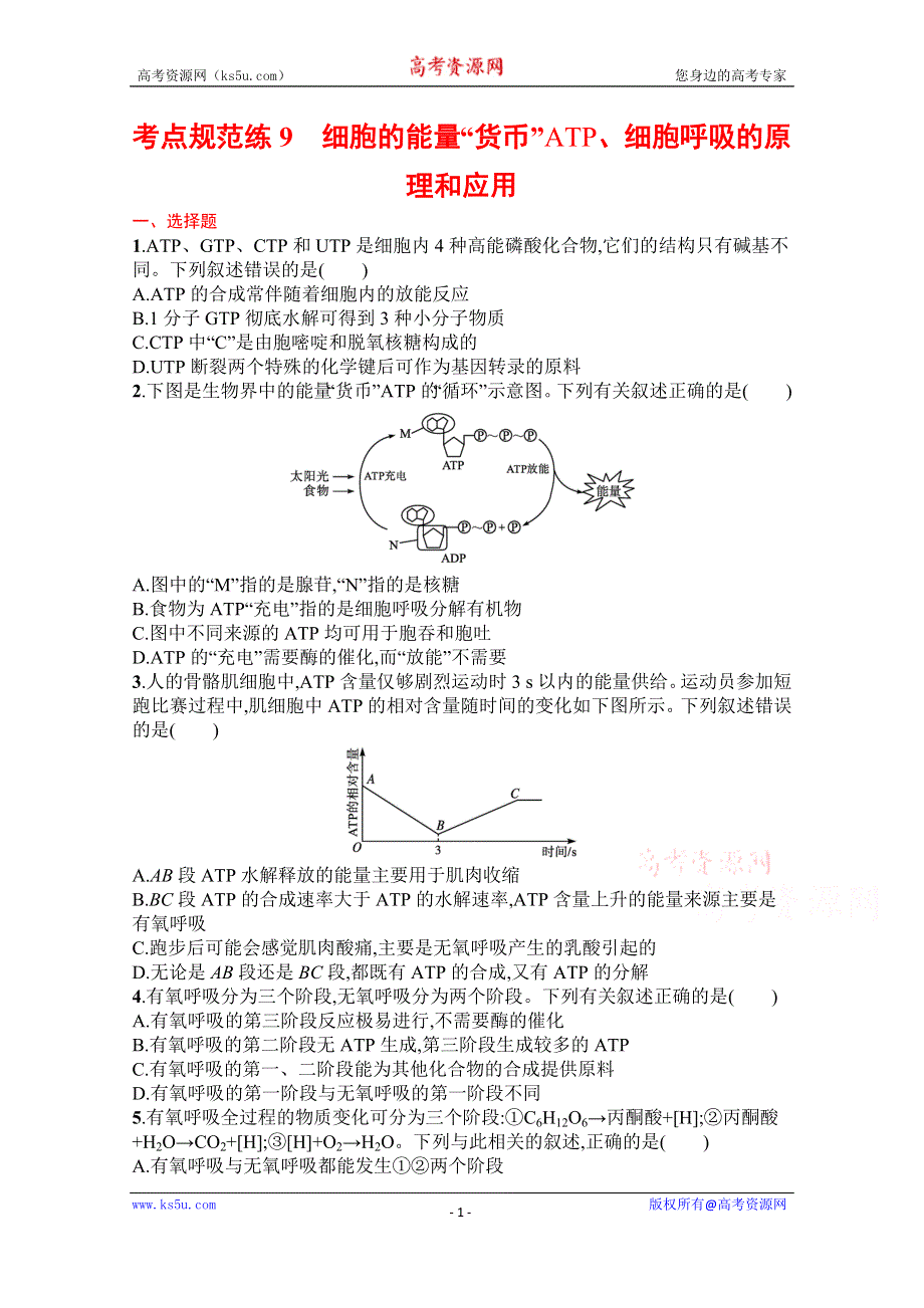 《新教材》2022届高三人教版生物一轮复习考点规范练9　细胞的能量“货币”ATP、细胞呼吸的原理和应用 WORD版含解析.docx_第1页