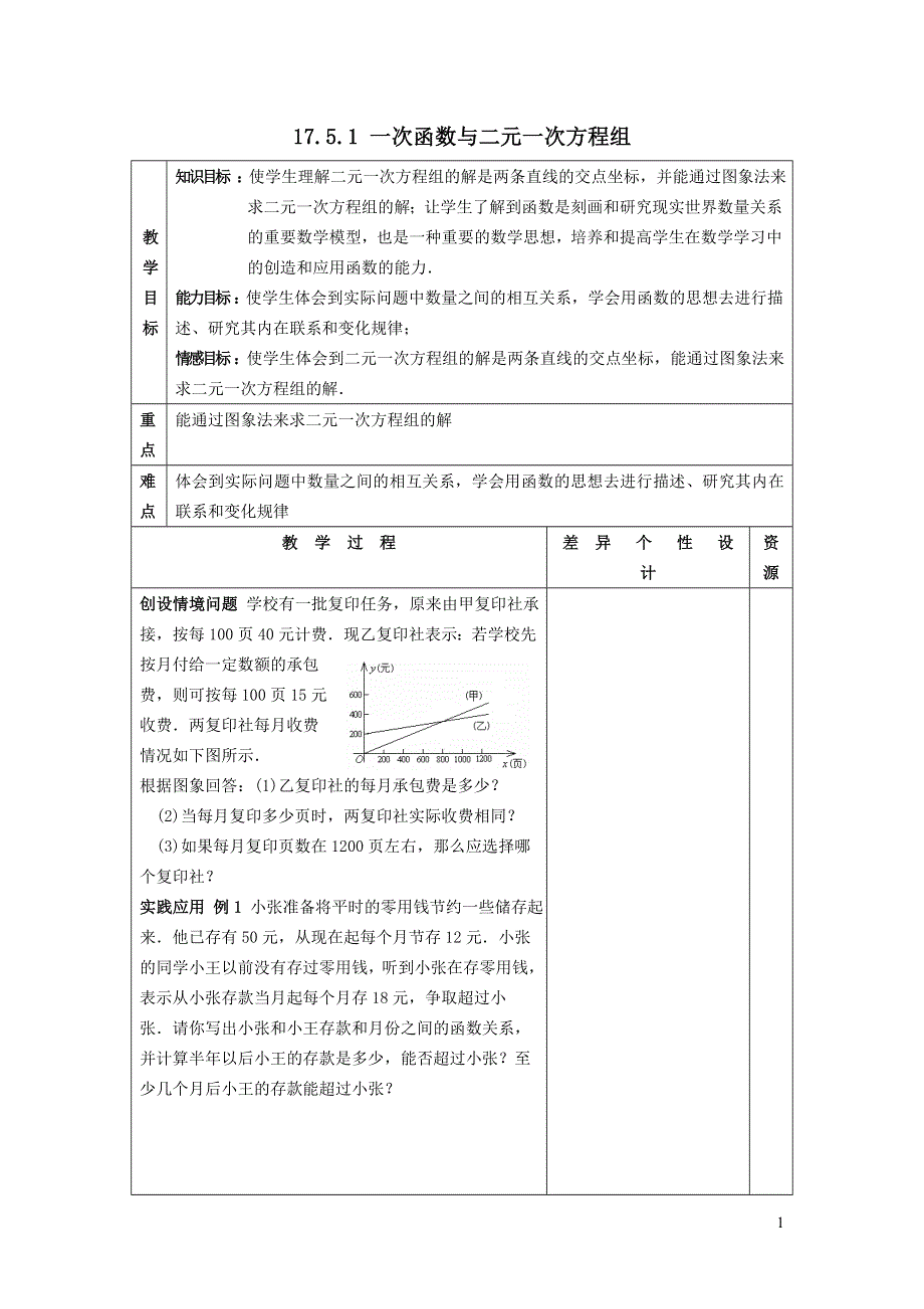 2022华东师大版八下第17章函数及其图象17.5实践与探索第1课时一次函数与二元一次方程组教案.doc_第1页