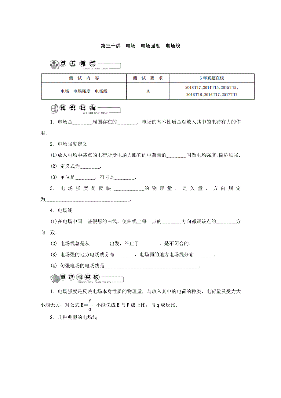 2018版江苏省物理学业水平测试复习讲解：选 修 3－1 第三十讲　电场　电场强度　电场线 WORD版含答案.doc_第1页