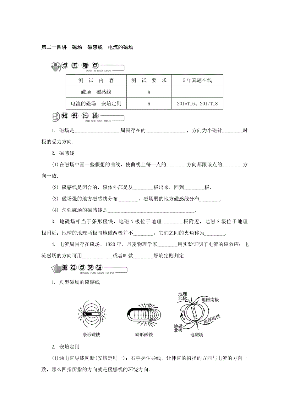 2018版江苏省物理学业水平测试复习讲解：选 修 1－1 第二十四讲　磁场　磁感线　电流的磁场 WORD版含答案.doc_第1页