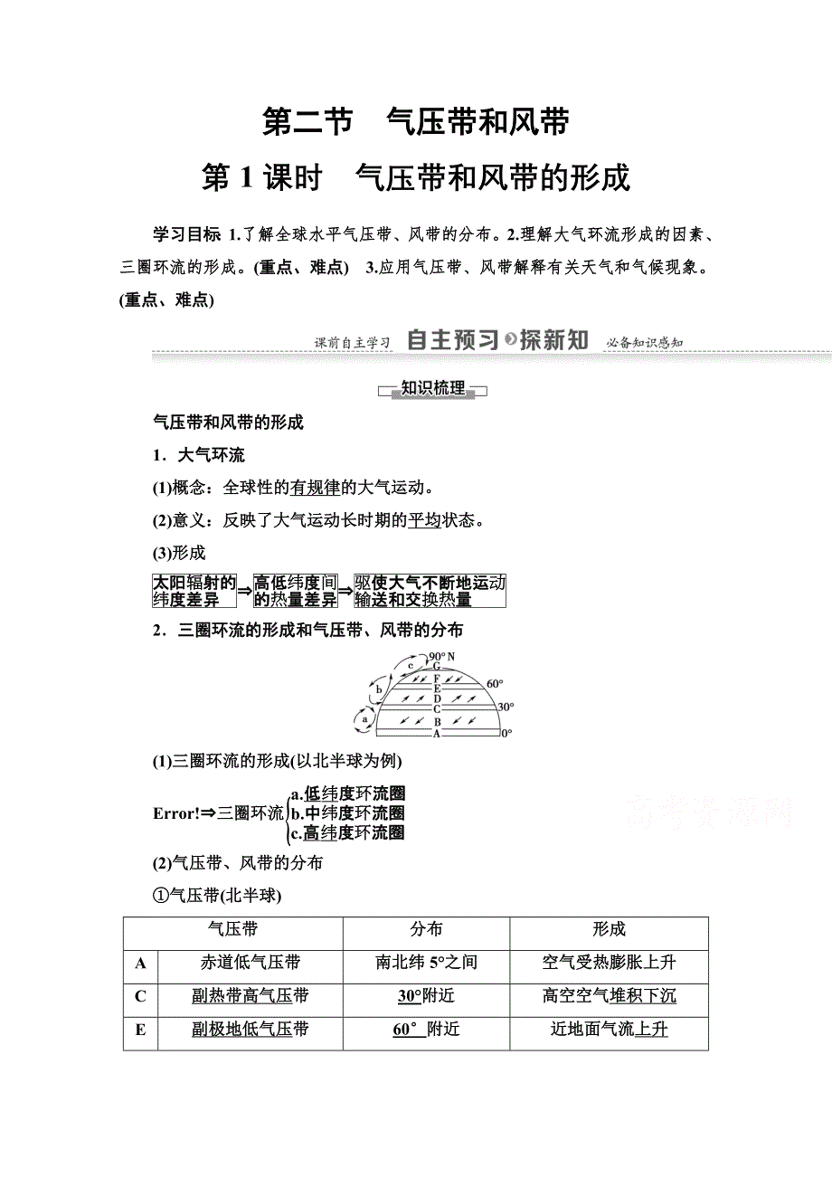 2020-2021学年地理人教版必修1教师用书：第2章 第2节 第1课时　气压带和风带的形成 WORD版含解析.doc_第1页