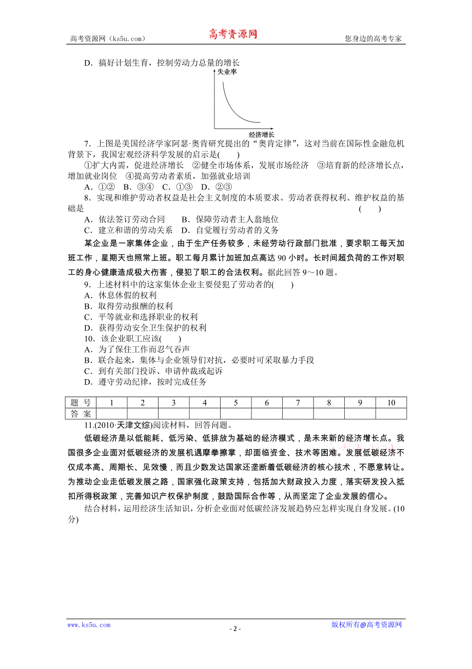 政治：2.5企业与劳动者 课后练习（人教版必修1）.doc_第2页