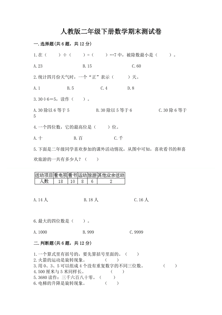 人教版二年级下册数学期末测试卷精品【各地真题】.docx_第1页