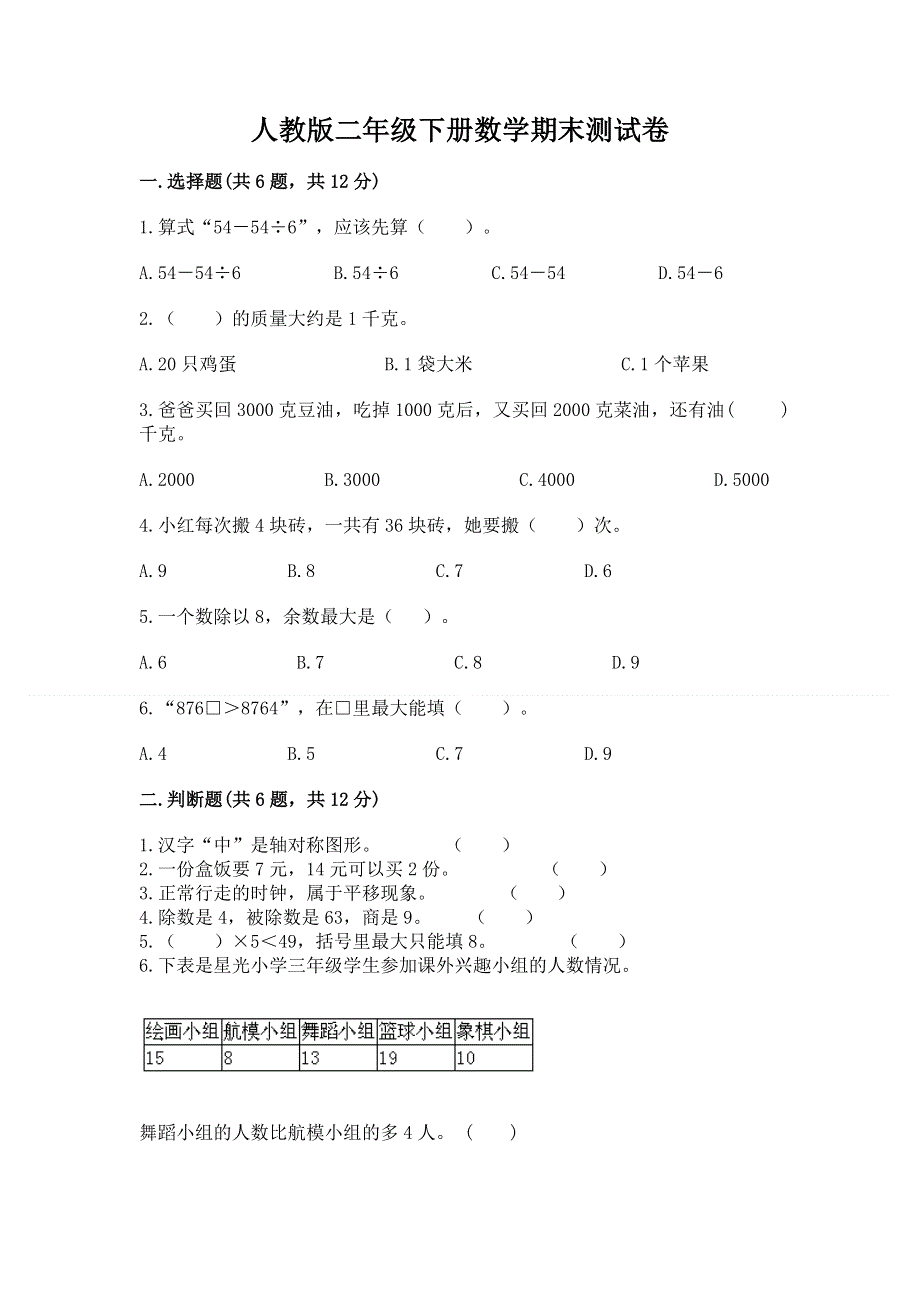 人教版二年级下册数学期末测试卷精品【有一套】.docx_第1页