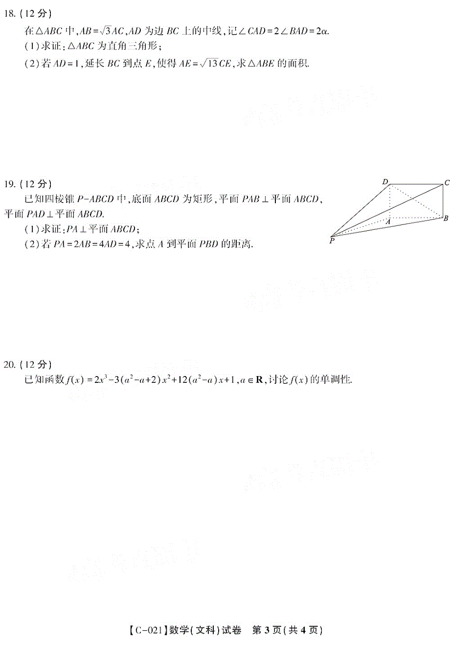 安徽省池州市第一中学2021届高三上学期第三次月考数学（文）试卷 PDF版含答案.pdf_第3页