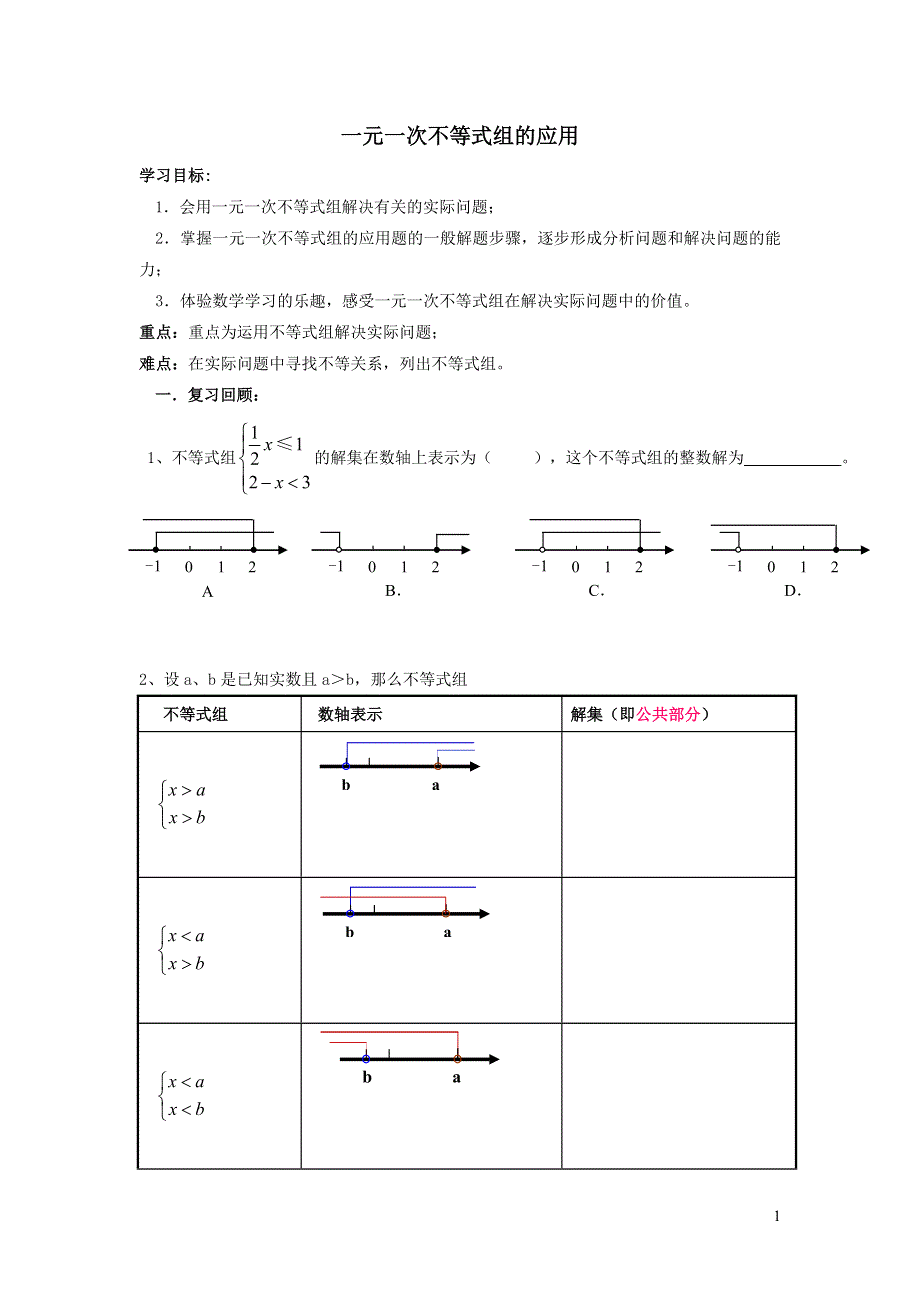 2022冀教版七下第10章一元一次不等式和一元一次不等式组10.5一元一次不等式组10.5.2一元一次不等式组的应用学案.doc_第1页