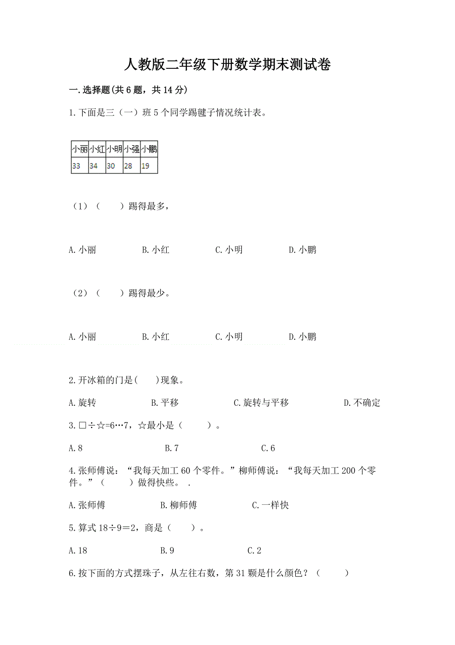 人教版二年级下册数学期末测试卷精品（有一套）.docx_第1页