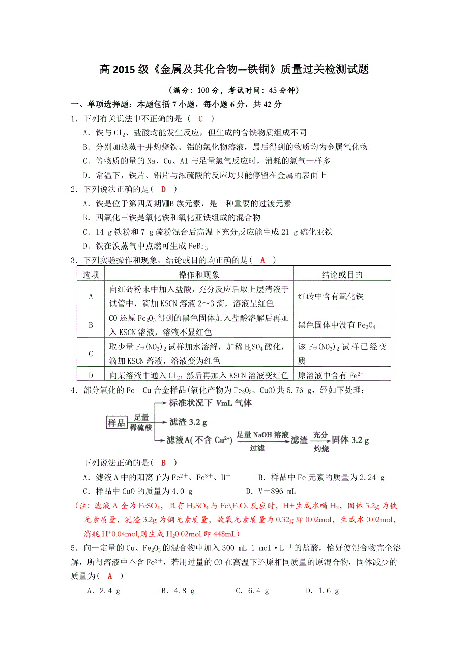 四川省成都市龙泉中学2018届高三上学期化学一轮复习《铁铜及其化合物》质量过关检测试题 .doc_第1页