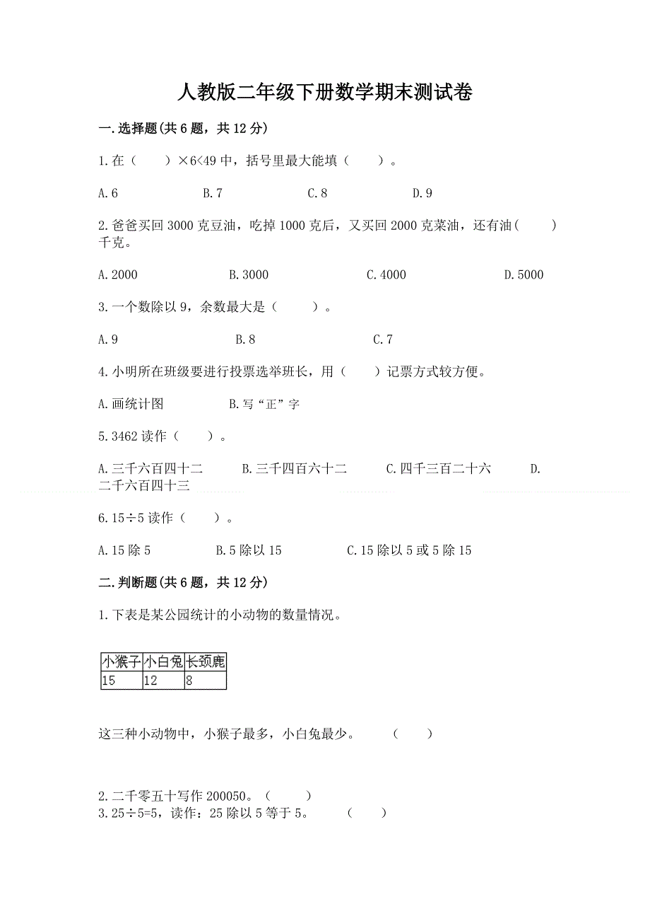 人教版二年级下册数学期末测试卷附答案（夺分金卷）.docx_第1页