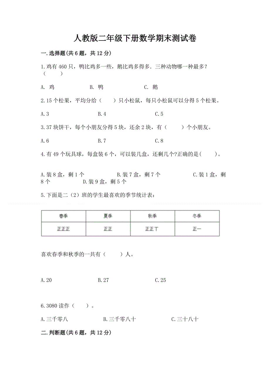 人教版二年级下册数学期末测试卷附答案【轻巧夺冠】.docx_第1页