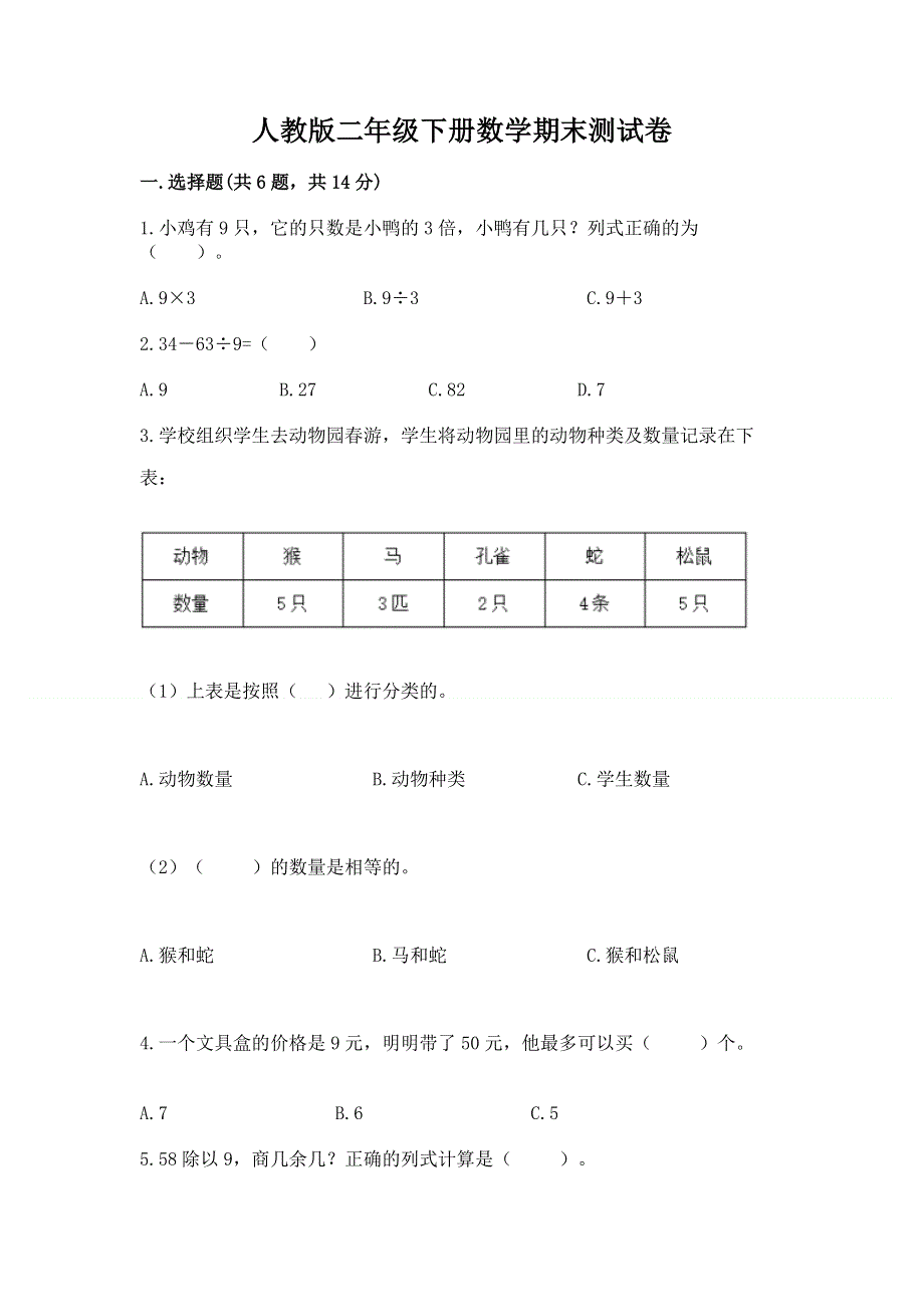 人教版二年级下册数学期末测试卷附答案【精练】.docx_第1页