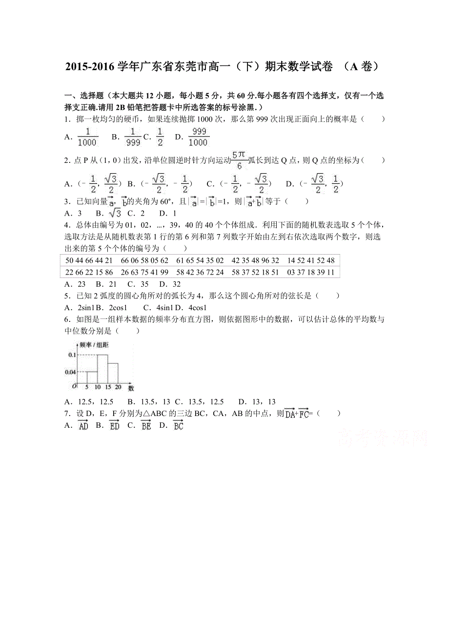 广东省东莞市2015-2016学年高一下学期期末数学试卷（A卷） WORD版含解析.doc_第1页