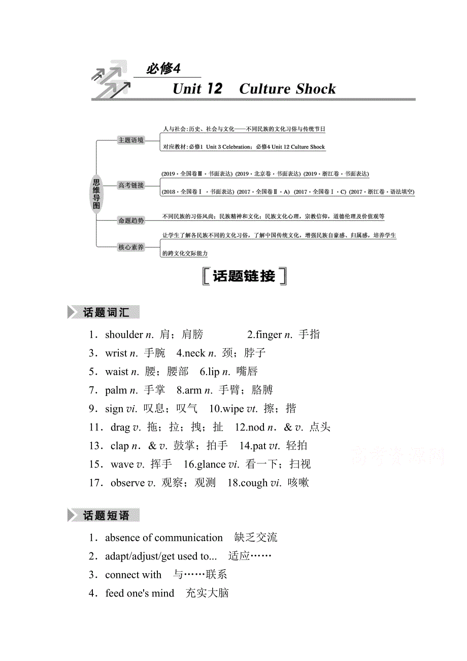 2021届高三英语北师大版一轮总复习教师用书：UNIT 12 CULTURE SHOCK WORD版含解析.doc_第1页