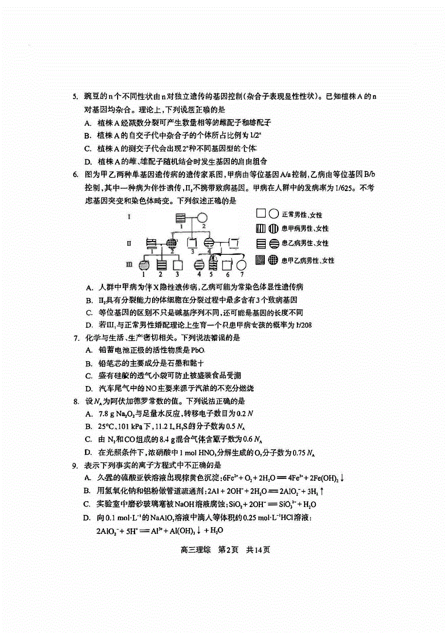 四川省攀枝花2023-2024高三理科综合上学期第一次统一考试试题(pdf).pdf_第2页