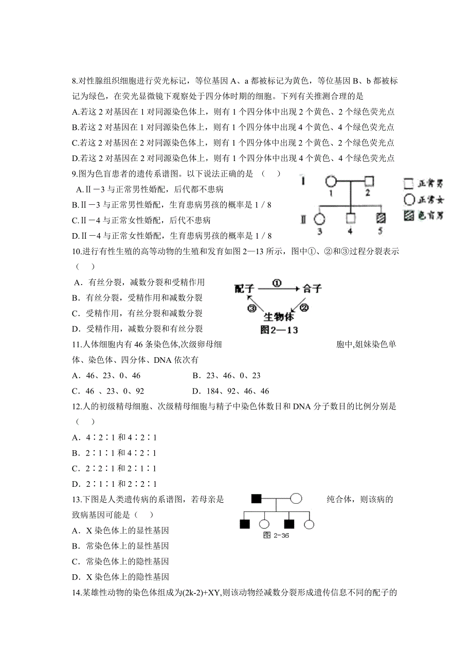 人教版高一生物 必修二模块综合练习题（一）.doc_第2页