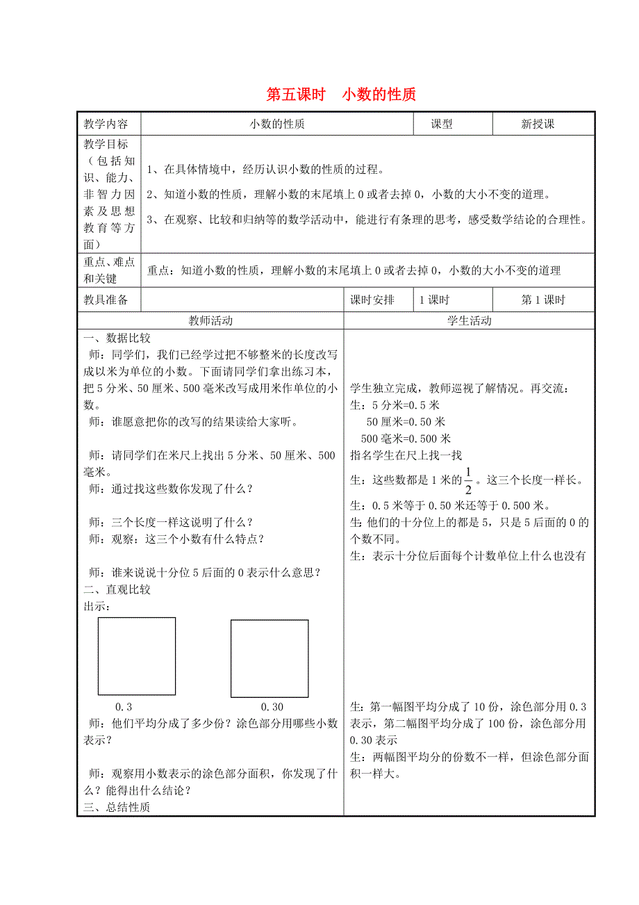 2022四年级数学下册 第6单元 小数的认识第5课时 小数的性质教案 冀教版.doc_第1页