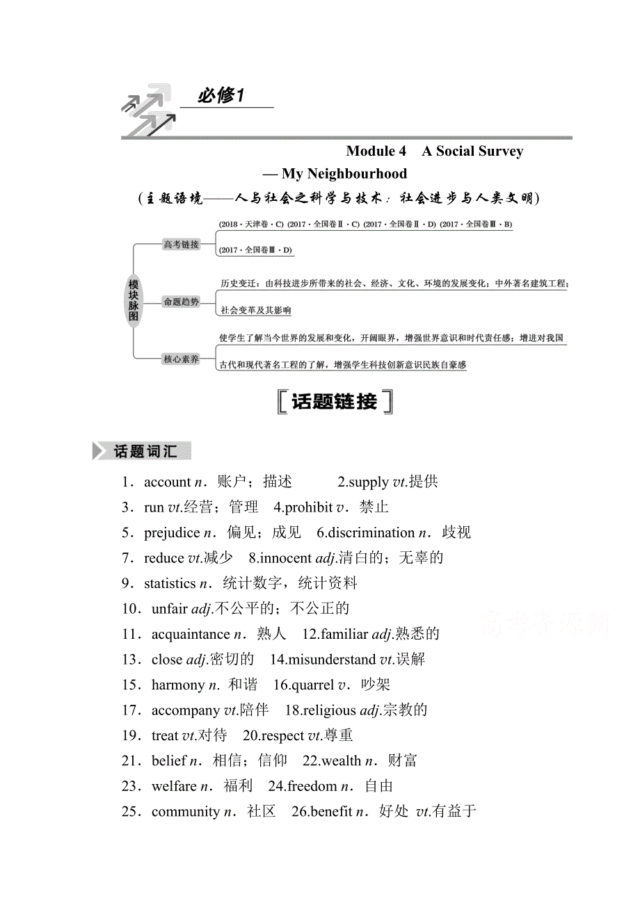 2021届高三英语外研版一轮总复习教师用书：必修1 MODULE 4　A SOCIAL SURVEY WORD版含解析.doc_第1页