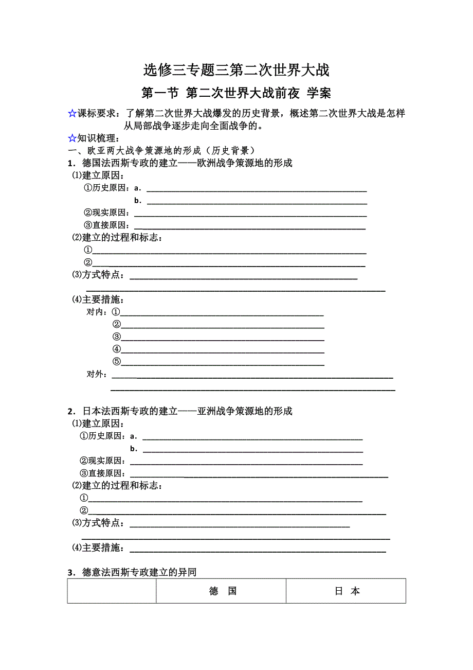 2012届高三历史二轮复习：专题三 第二次世界大战前夜 学案1（人民版选修三）.doc_第1页