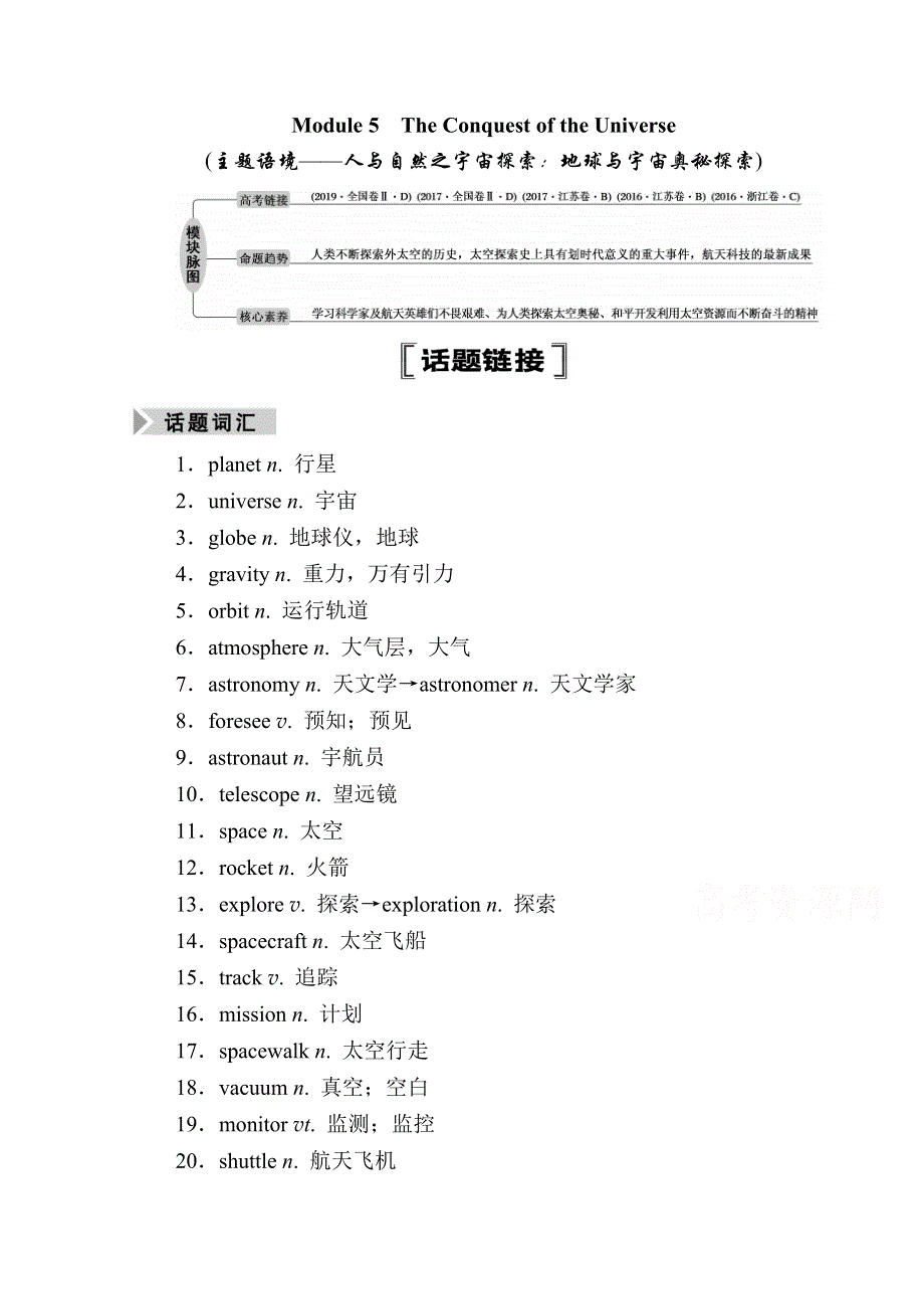 2021届高三英语外研版一轮总复习教师用书：选修8 MODULE 5　THE CONQUEST OF THE UNIVERSE WORD版含解析.doc_第1页