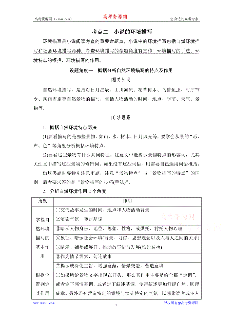 2021届高三语文一轮复习学案：第3板块 专题三 考点二　小说的环境描写 WORD版含解析.doc_第1页