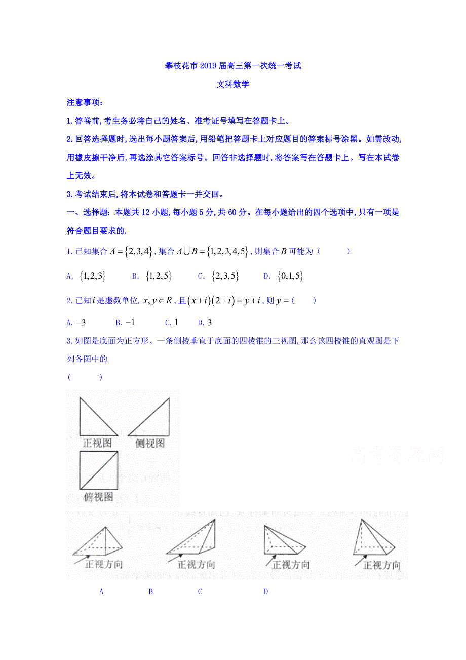 四川省攀枝花市2019届高三第一次统一考试数学（文）试题 WORD版含答案.doc_第1页