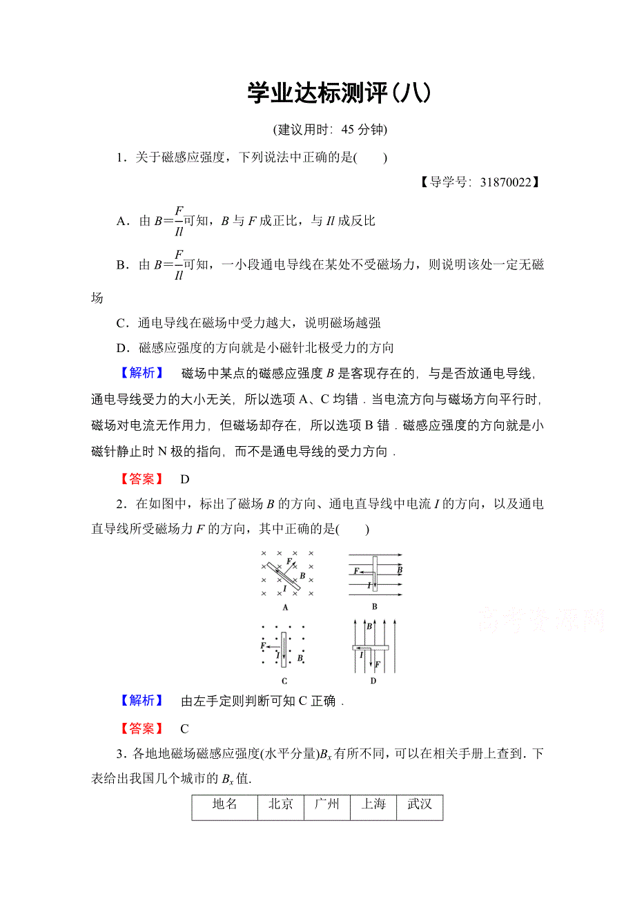 2016-2017学年高中物理鲁科版选修1-1学业达标测评8 磁场中的通电导线 WORD版含解析.doc_第1页