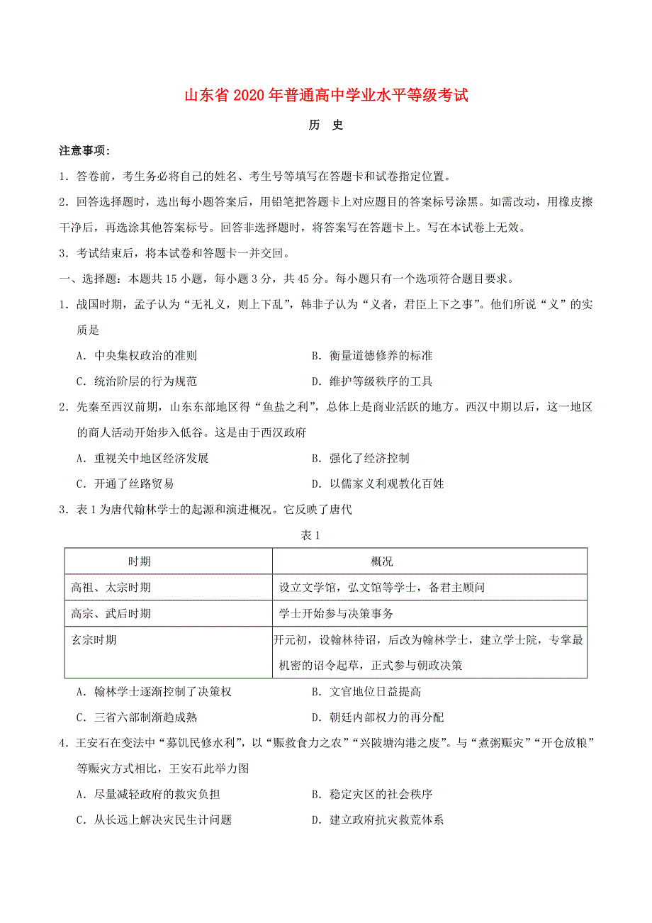 2020年普通高等学校招生全国统一考试历史（新高考Ⅰ卷）（无答案）（山东）.doc_第1页