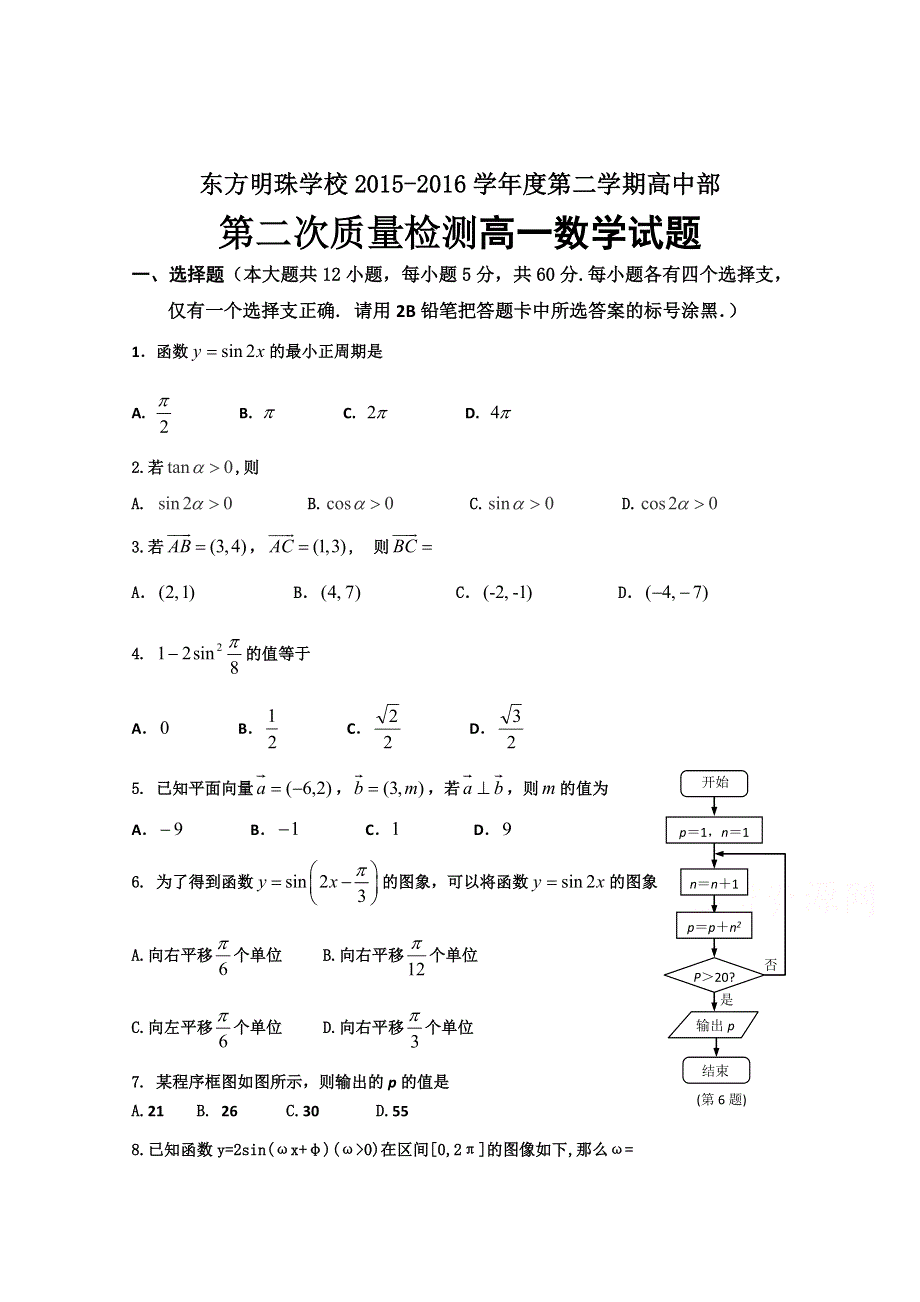 广东省东莞市东方明珠学校2015-2016学年高一下学期期中考试数学试卷 WORD版含答案.doc_第1页