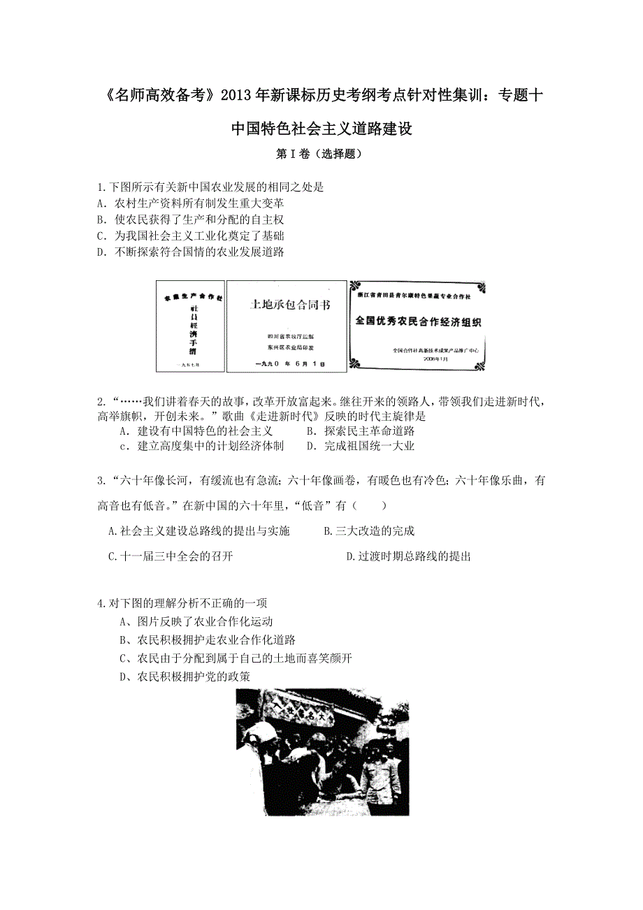 2013年新课标历史考纲考点针对性集训：专题十中国特色社会主义道路建设 WORD版含答案.doc_第1页