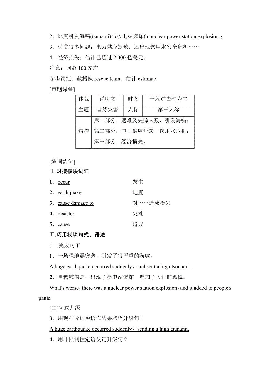 2020-2021学年外研版英语必修3教师用书：MODULE 3 SECTION Ⅴ　GUIDED WRITING——自然灾害类文章 WORD版含解析.doc_第2页