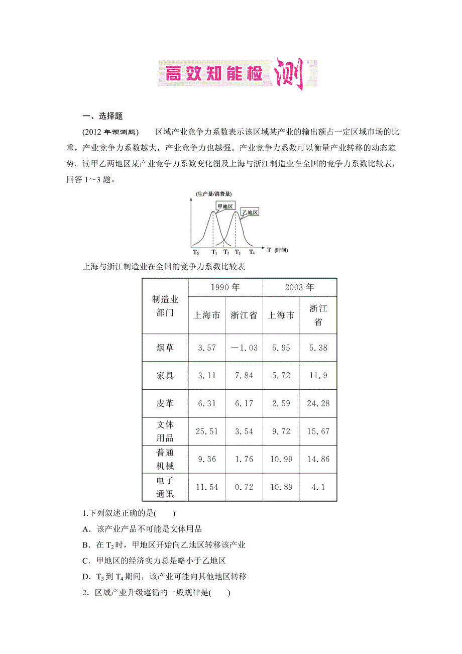 2012届高三地理《优化探究》二轮复习专题检测：17区域工业化与可持续发展.doc_第1页