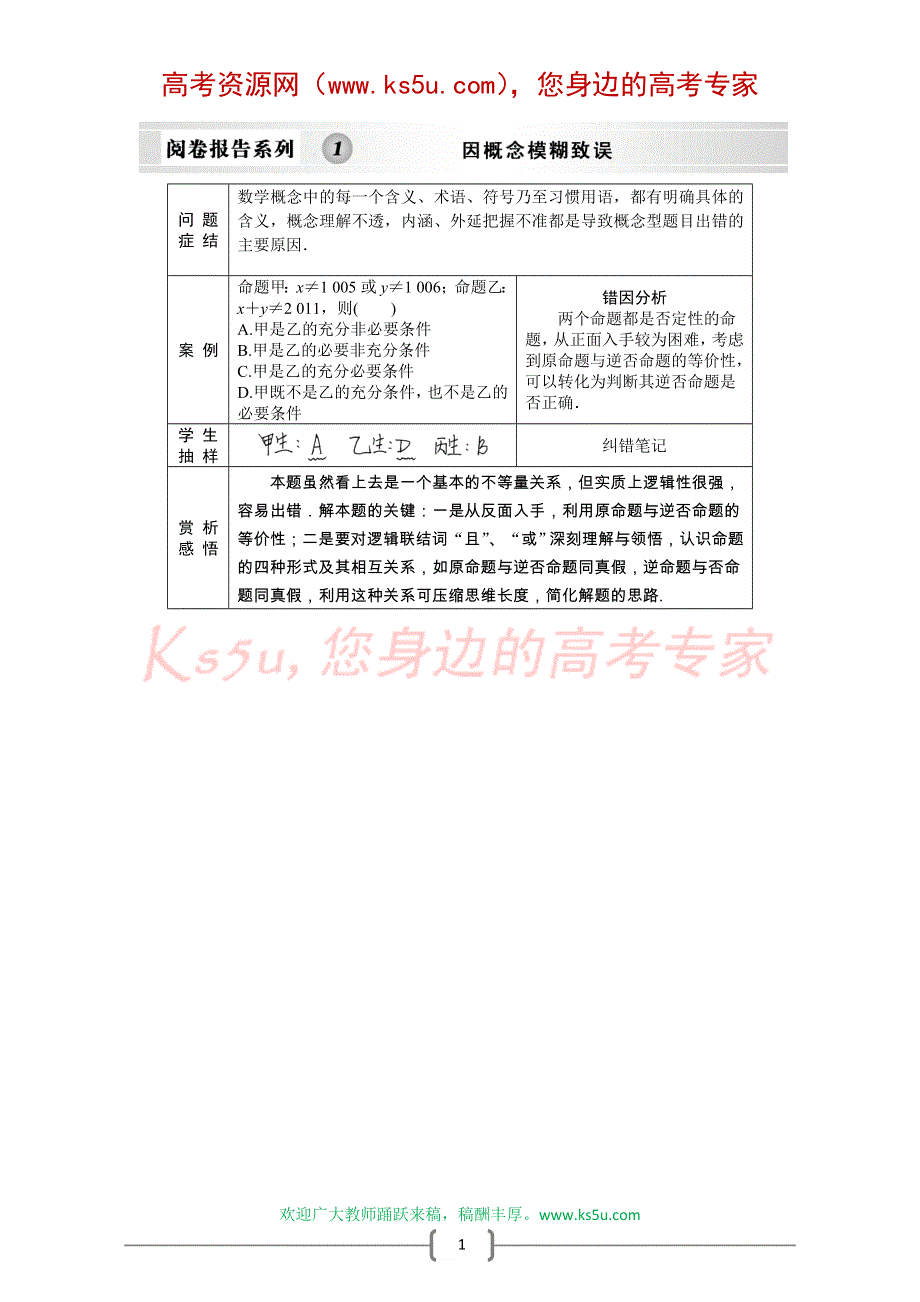 创新设计2012版高考数学【大纲版（文）】总复习（训练）：第1章 集合与简易逻辑 阅卷报告系列1.doc_第1页