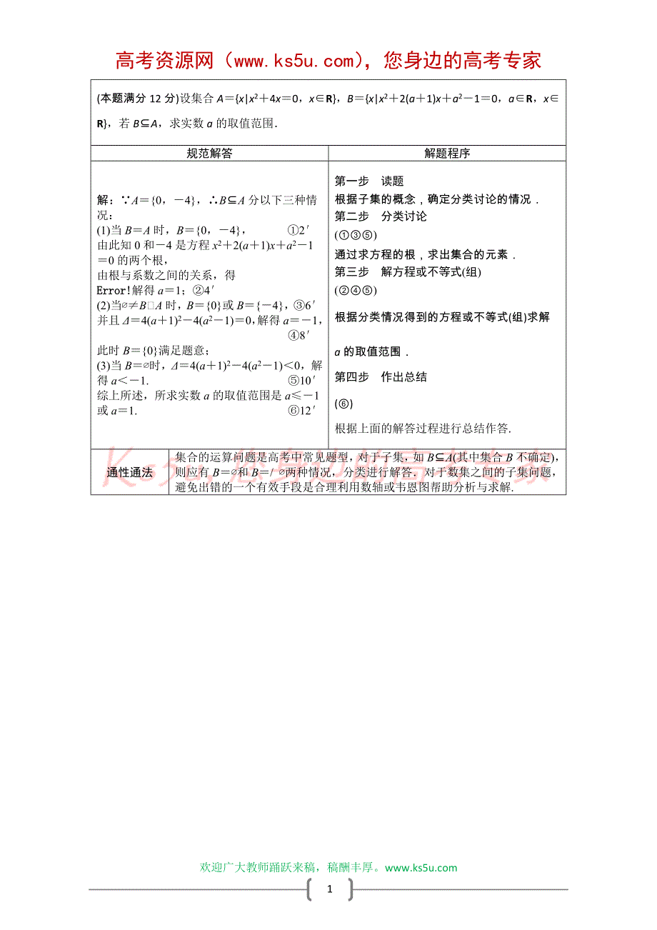 创新设计2012版高考数学【北师大版（文）】总复习（训练）：第1篇 集合与常用逻辑用语 规范解答系列1.doc_第1页