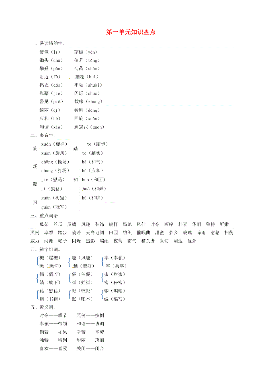 2020年四年级语文下册 第一单元 知识盘点 新人教版.doc_第1页